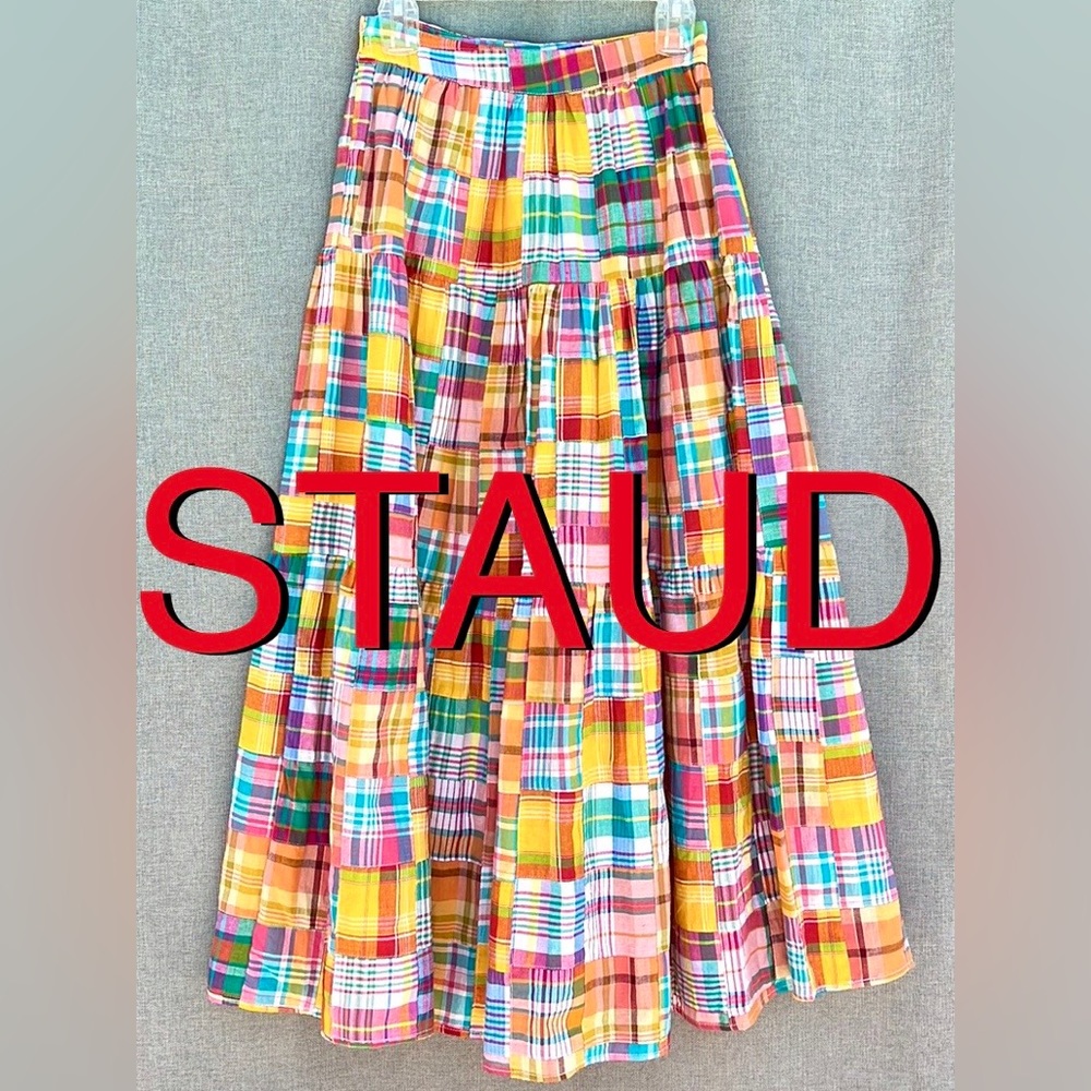 STAUD x Birkenstock NWT Sea Bright Patchwork Plaid cotton midi maxi skirt - Picture 4 of 17